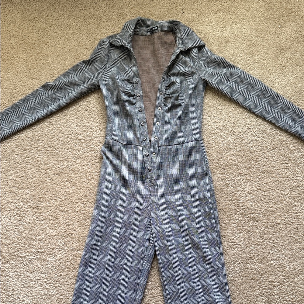 Fashion Nova Gray Checkered Button-Down Jumpsuit